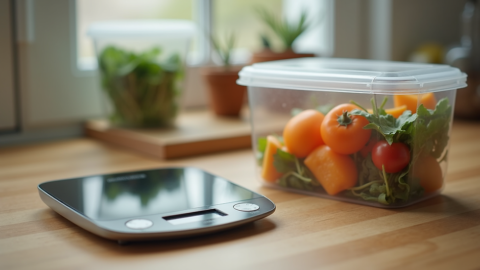Close-up view of a digital scale and healthy meal prep containers