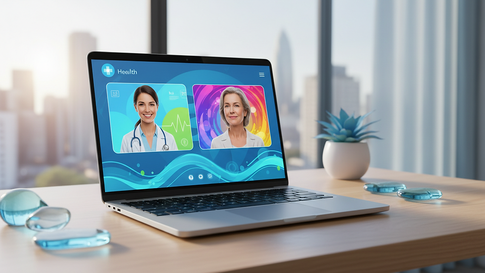 Eye-level view of a laptop showing a telehealth consultation screen