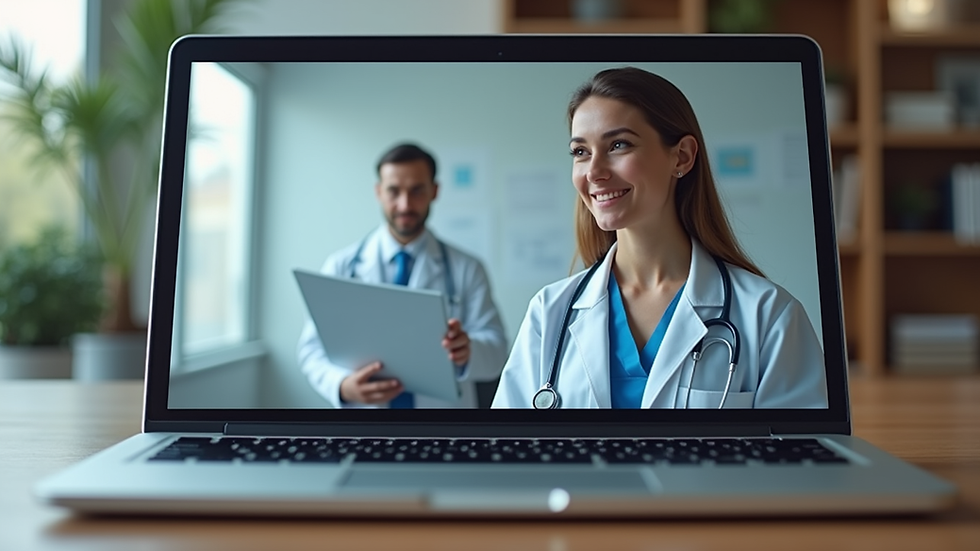 Eye-level view of a laptop showing a telehealth consultation screen