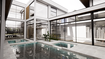 Contemporary white house with expansive glass walls and courtyard swimming pool.