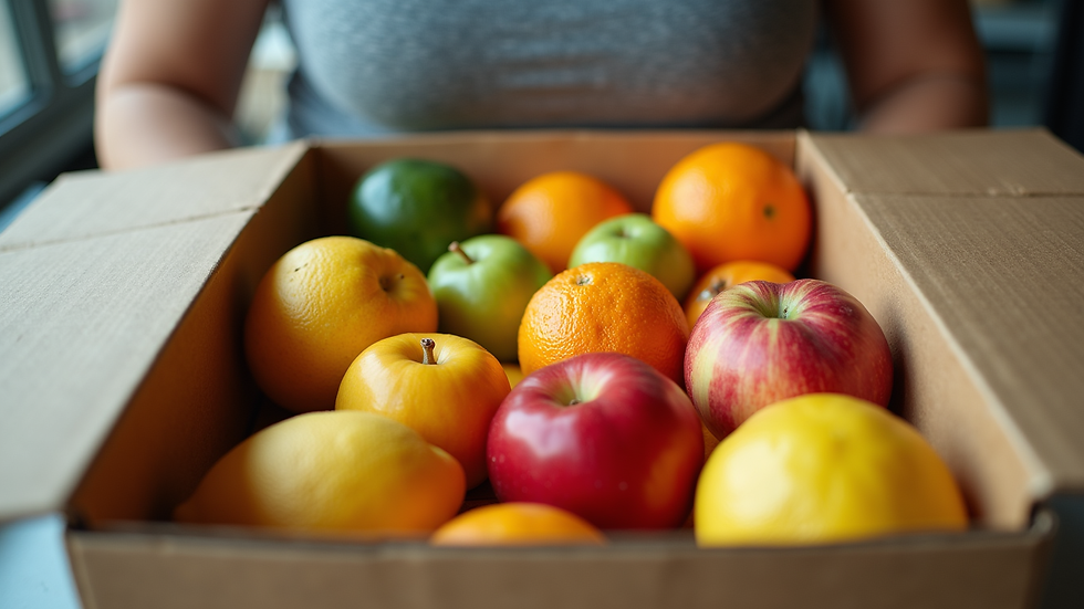 Eye-level view of a delivery box filled with assorted fresh fruits
