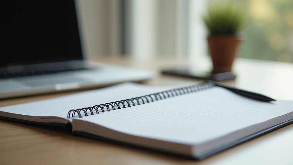 Close-up view of a notebook and pen on a desk during an online therapy session