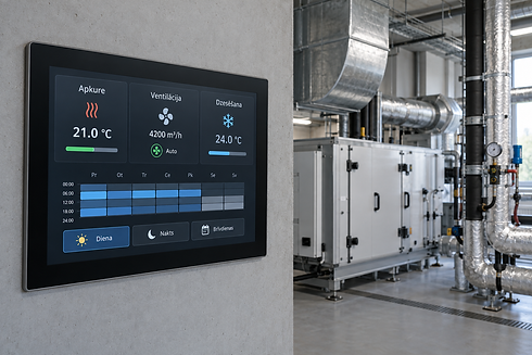 Ēkas klimata vadības panelis līdzās ventilācijas iekārtai un gaisa vadiem