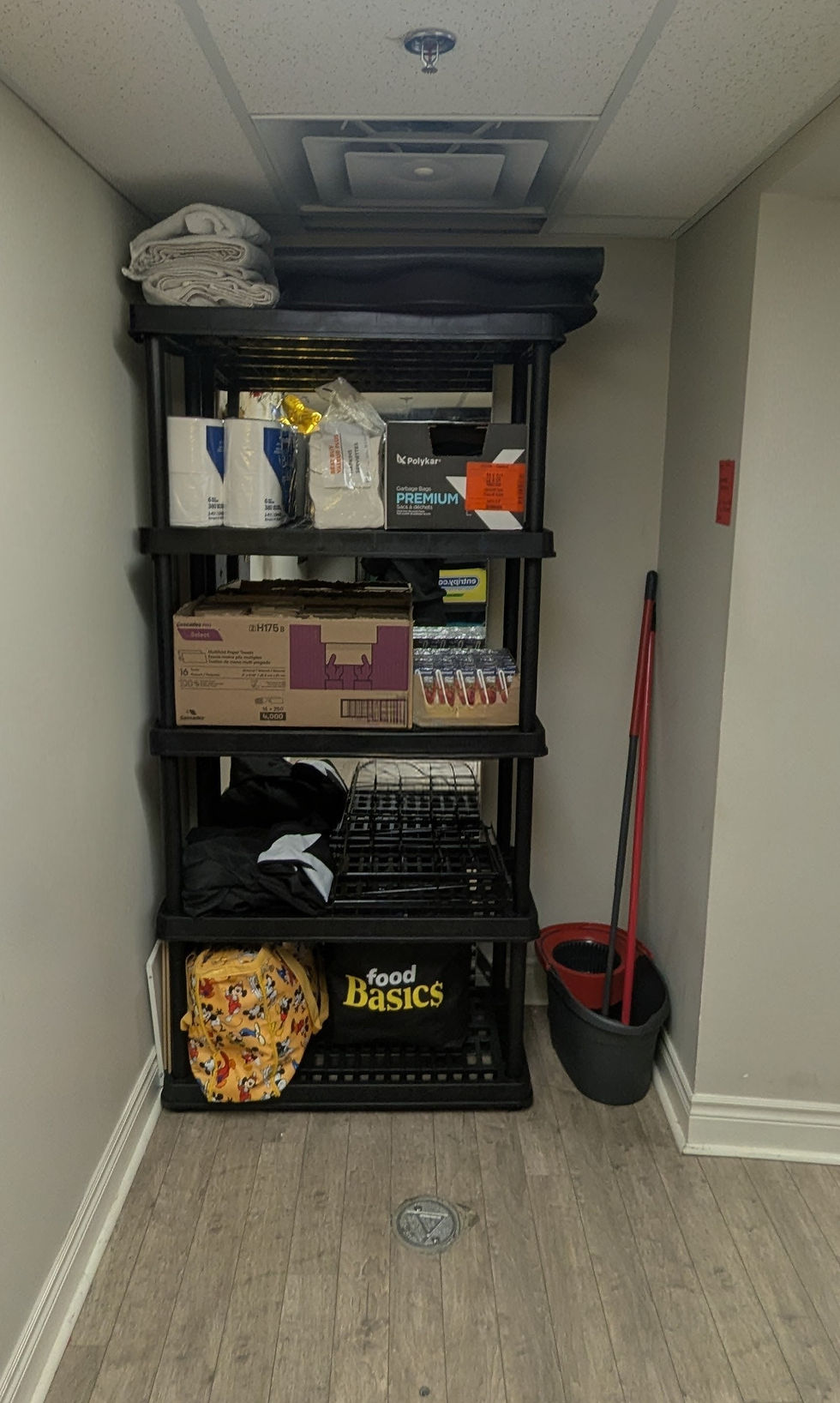 Organized black shelving unit with boxes and cleaning supplies