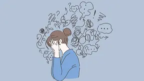 person overthinking with loud thought cloud surrounding their head