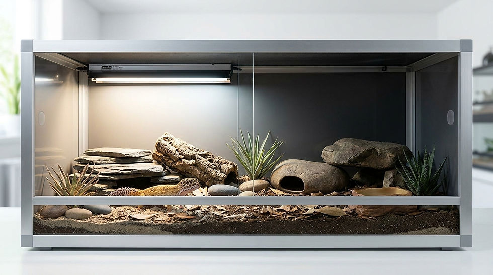 Glass terrarium with a gecko on sandy soil, surrounded by rocks, logs, and green plants. A light fixture glows inside. Neutral background.