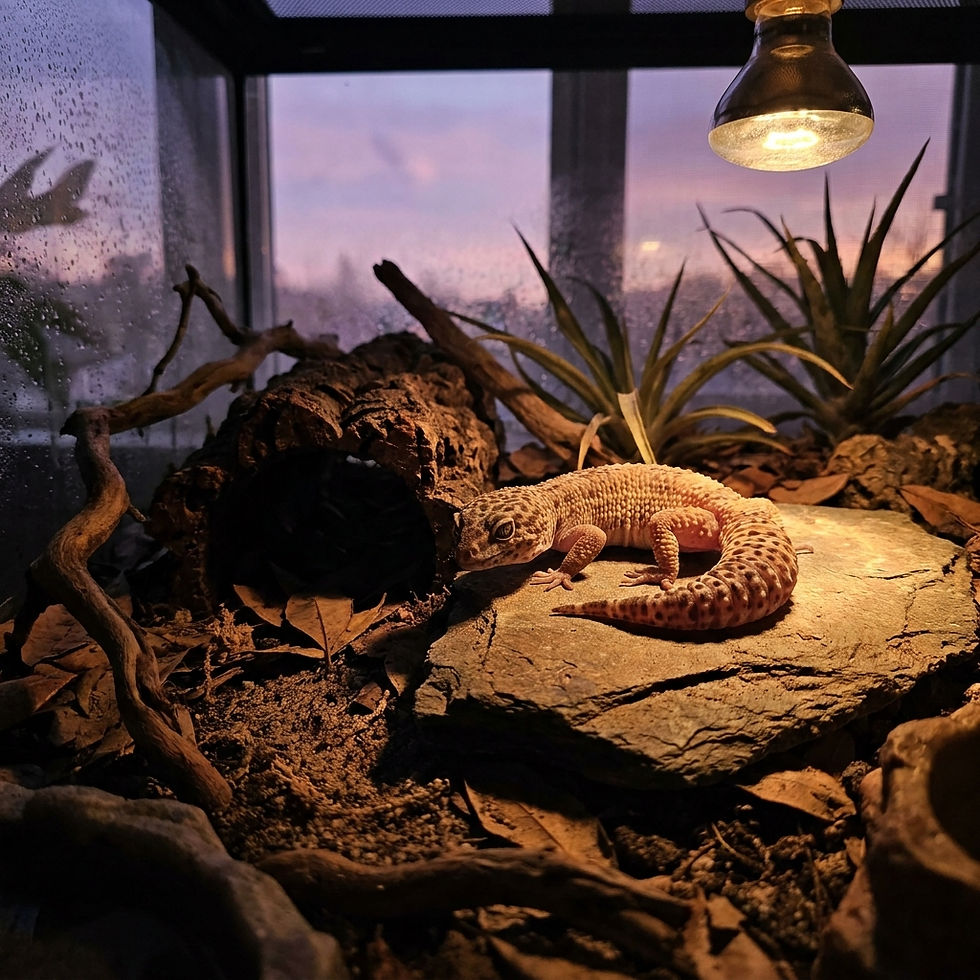Leopard gecko basking under a warm light on a rock in a terrarium, surrounded by branches and leaves. A purple sunset shows outside.