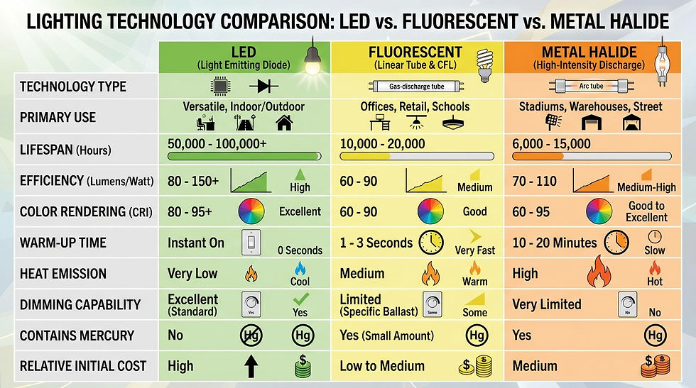 Comparison chart of LED, Fluorescent, and Metal Halide lighting technologies, detailing uses, lifespan, efficiency, warm-up time, and cost.