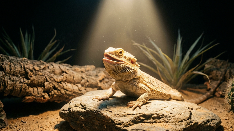 Bearded dragon basking on a rock in a dim terrarium under a warm spotlight, with logs, plants, and sandy ground in back.