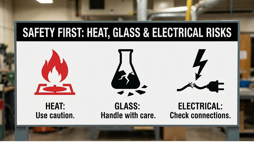Safety sign in workshop warns of heat, glass, and electrical risks. Icons show a flame, broken glass, and a frayed plug.