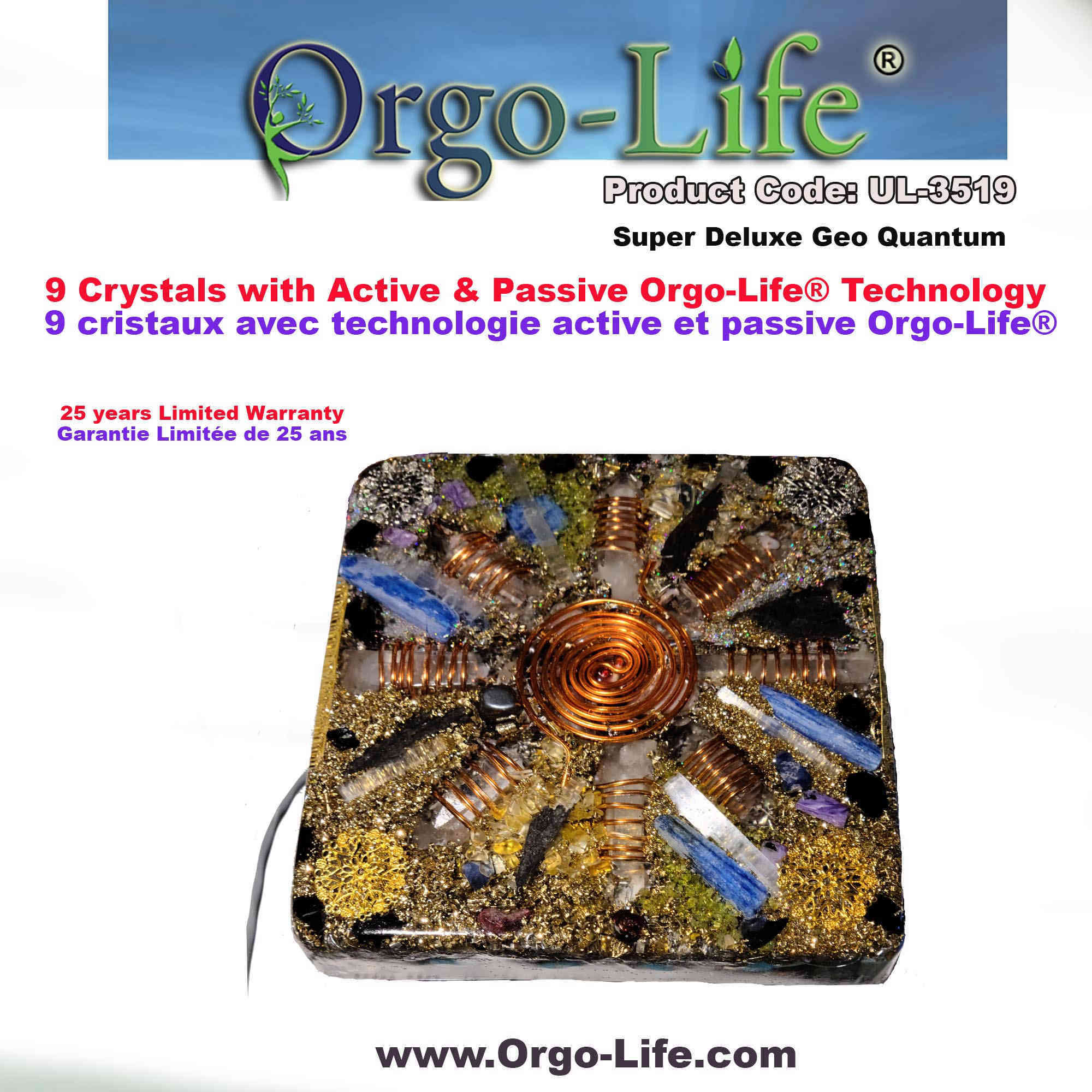 UL-3519 Tablette Énergétique carré Super Deluxe 9 gros cristaux de l'Himalaya