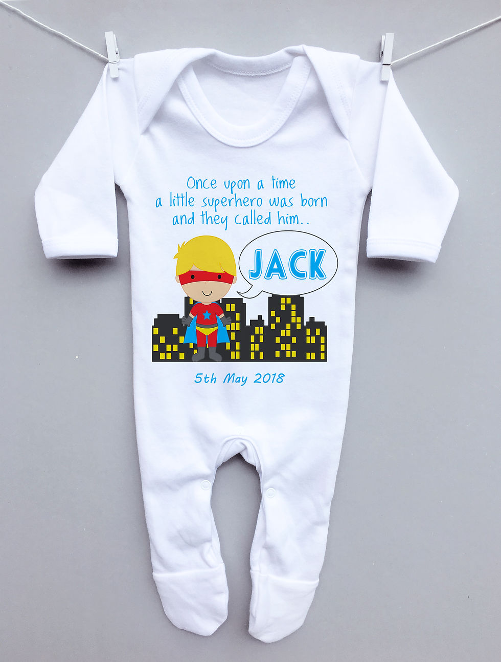 New baby birth sleepsuit 'once upon a time a superhero was born..'