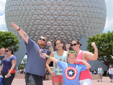 Family posing in front of Spaceship Earth at EPCOT during a Walt Disney World vacation with Park Hopper tickets.