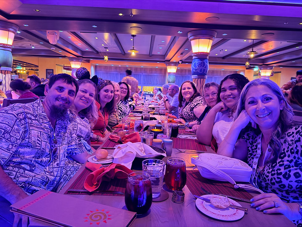 2026 Disney Destiny Group Sailing members enjoying dinner at Pride Lands | Laura Greco | Fairytale Journeys Travel