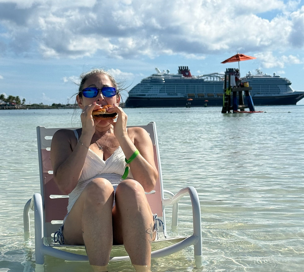Laura relaxing on Castaway Cay with the infamous oceanburger