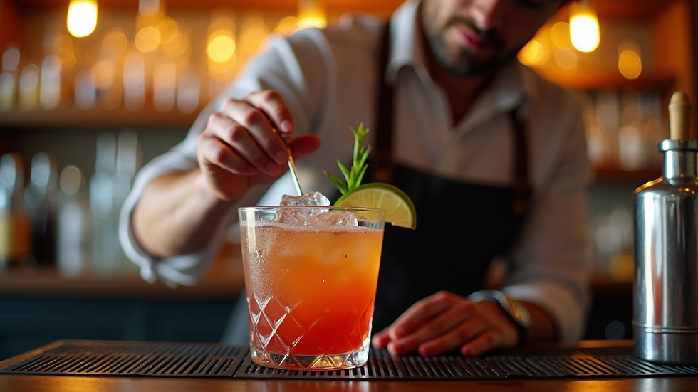 Close-up view of a bartender preparing a cocktail at a mobile bar