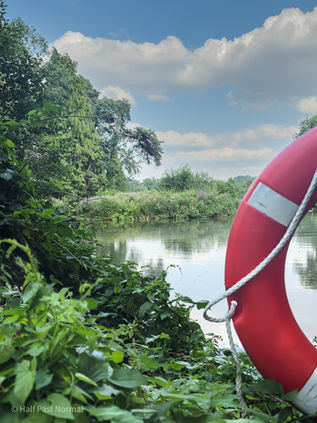 Red lifebuoy hanging beside Broadwater Lake, surrounded by dense green foliage beneath a blue sky with large white clouds.