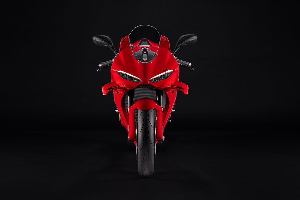 Eye-level view of Ducati Panigale V4 aerodynamic winglets and sleek bodywork