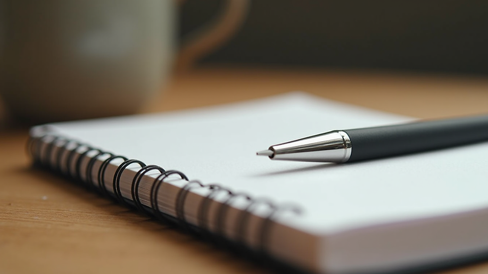 Close-up view of a journal and pen on a wooden desk