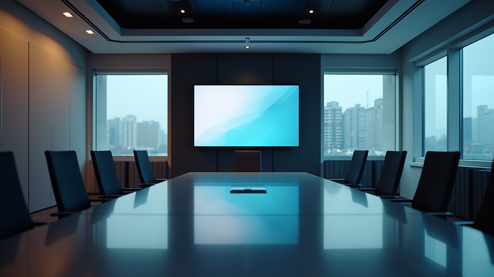 Eye-level view of a modern conference room with multiple flat-panel screens