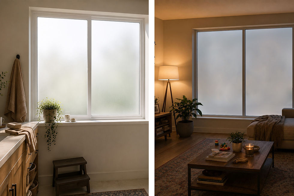 Side-by-side view of smart privacy film in frosted mode providing privacy when needed.