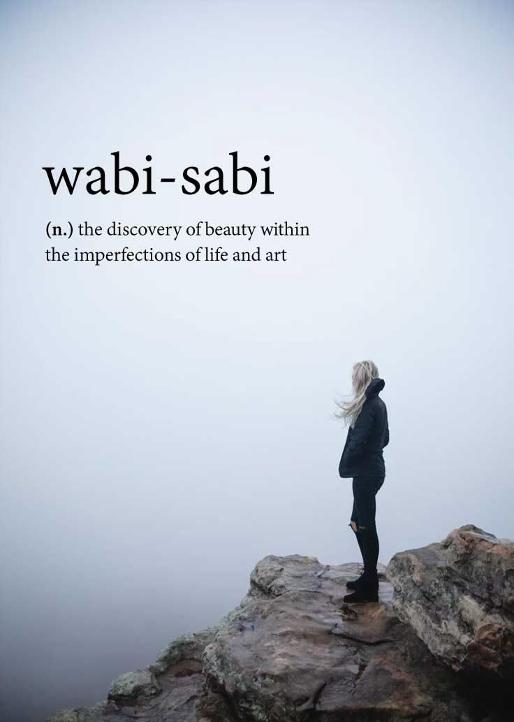 Wabi-sabi philosophy illustration — kintsugi tea bowl repaired with gold, symbolizing beauty in imperfection