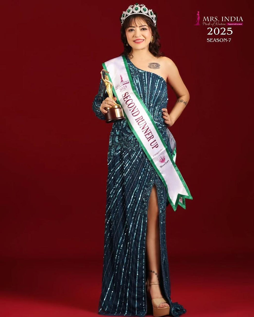 Born in Kolkata, shaped by global exposure, and rooted in Mumbai for over two decades, Mahasweta Ghosh is a living embodiment of resilience and reinvention. An accomplished actor, classical vocalist, Odissi dancer, certified chef, entrepreneur, and Mrs India Pride of Nation 2025 (2nd Runner-Up) and recipient of the Beautiful Smile title, her story is one of courage, creativity, and conscious rebuilding. Live Wabi Sabi Stories features Mahasweta because her journey gently yet powerfully reminds women of all ages that imperfections are not obstacles, they are gateways to deeper purpose and renewed beginnings. Woman in blue dress and crown holds a trophy. "Second Runner Up" sash and "Mrs. India 2025 Season-7" text on red background. Smiling.