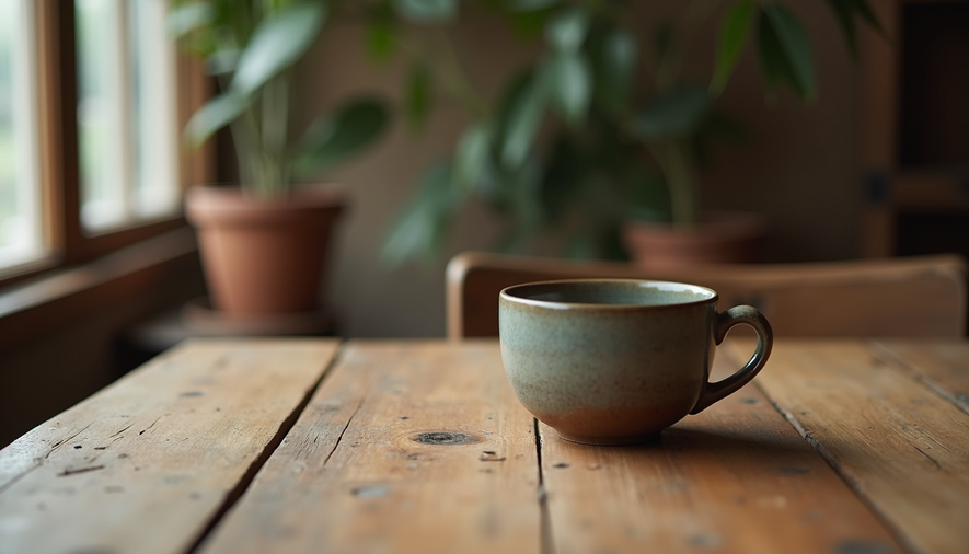 Eye-level view of a rustic wooden table with a handmade ceramic cup