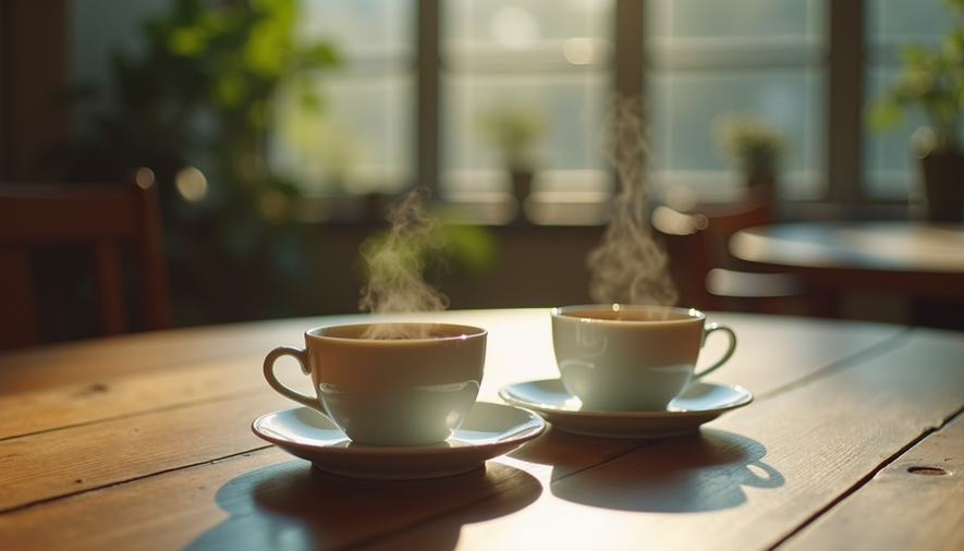 Eye-level view of a quiet tea setting with two cups on a wooden table