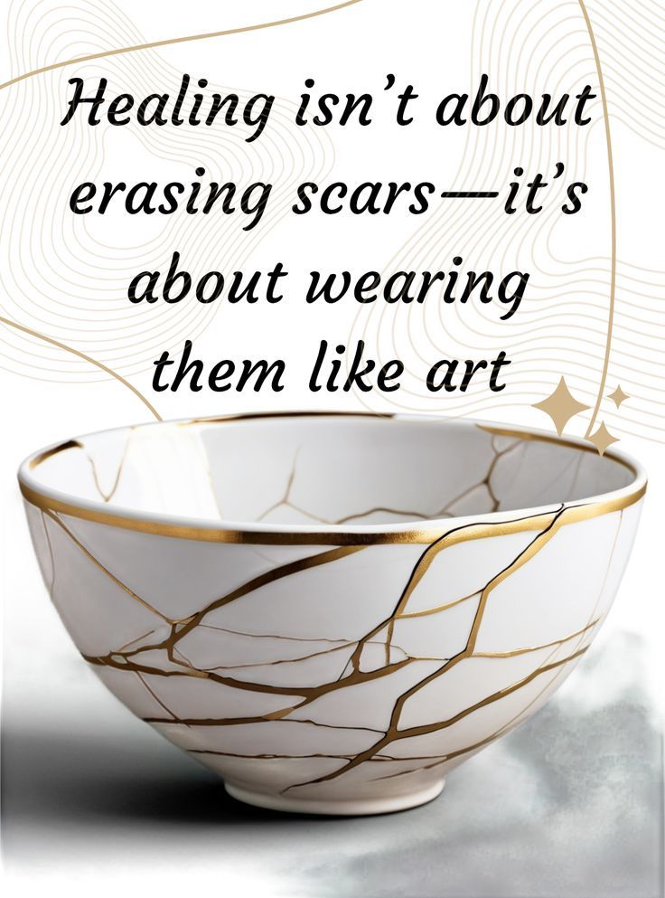 Wabi-sabi philosophy illustration — kintsugi tea bowl repaired with gold, symbolizing beauty in imperfection