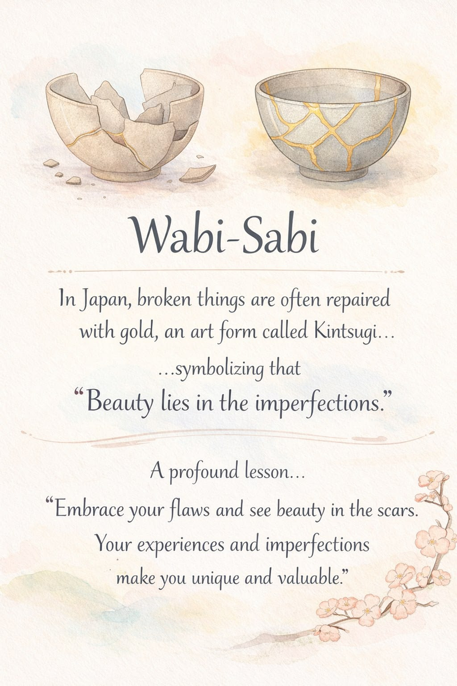 Wabi-sabi philosophy illustration — kintsugi tea bowl repaired with gold, symbolizing beauty in imperfection