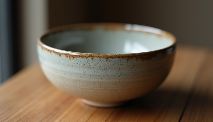 Close-up view of a handmade ceramic bowl with uneven glaze