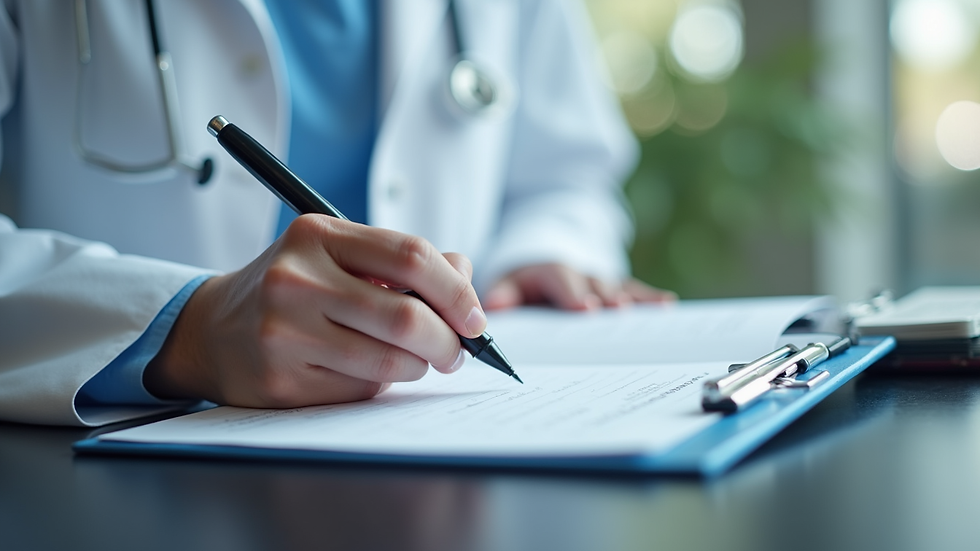 Close-up view of a medical professional filling out paperwork on a clipboard