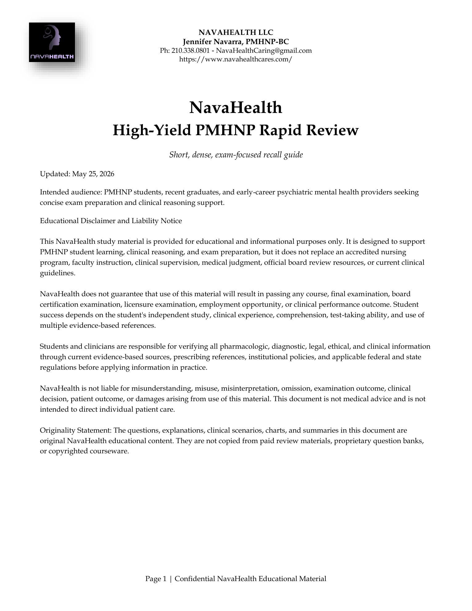 NavaHealth High-Yield PMHNP Rapid Review 2026 first page cover