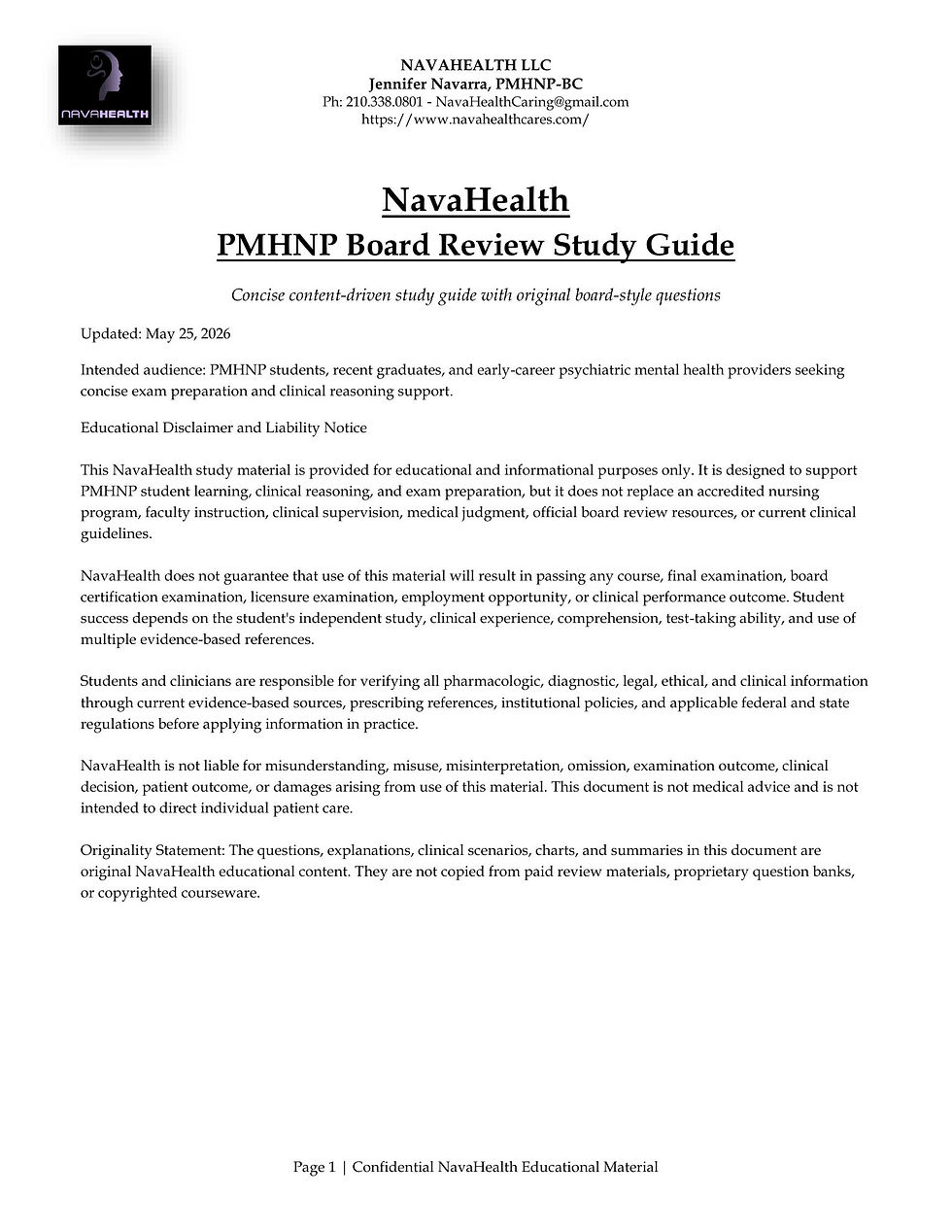 NavaHealth PMHNP Board Review Study Guide 2026 first page cover
