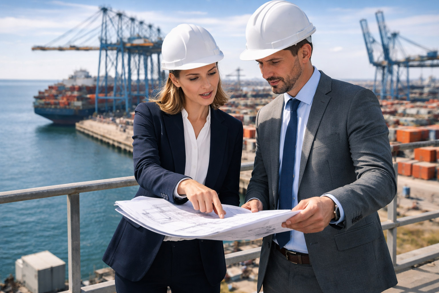 Business woman and man wearing helmets reviewing construction plan