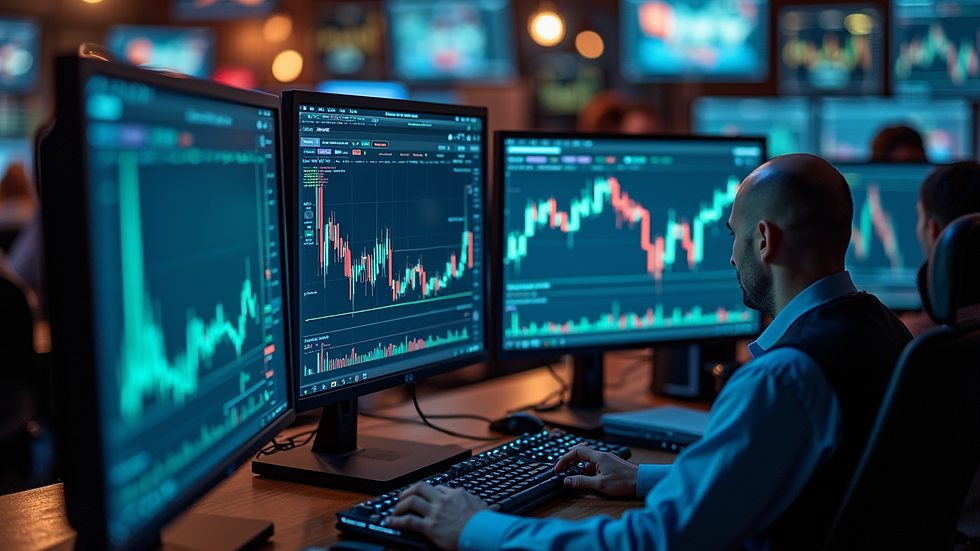 High angle view of forex trading desk with multiple monitors displaying charts