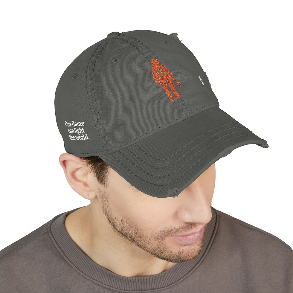 Thumbnail: "One Flame Can Light The World" Distressed Embroidered Hat with Cross