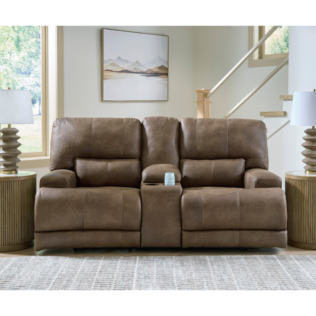 Beckley Place Power Loveseat w/ Console & Adj. Headrest in Fabric: Chocolate