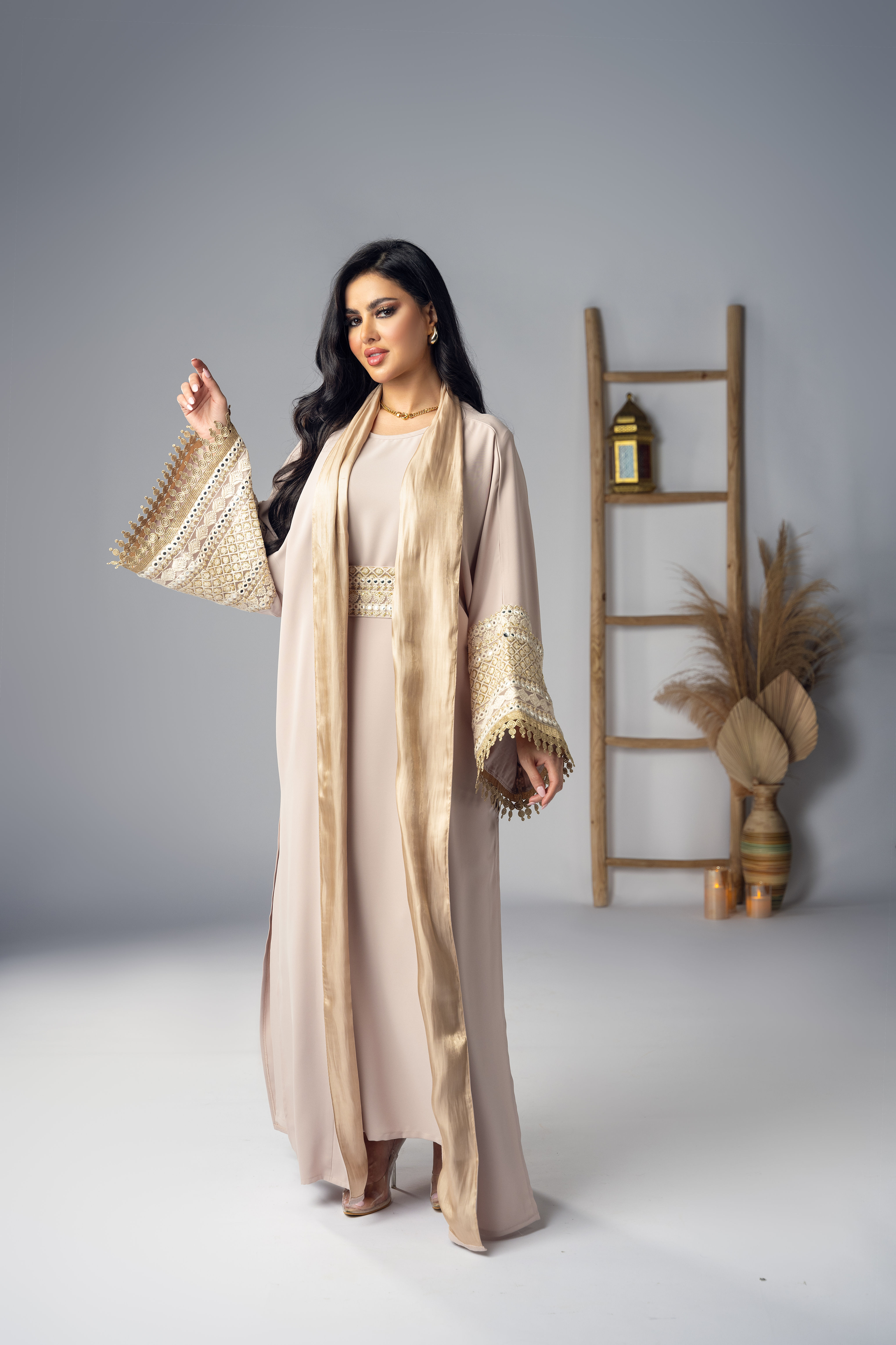 Long Gold & Beige Bisht with Beige dress