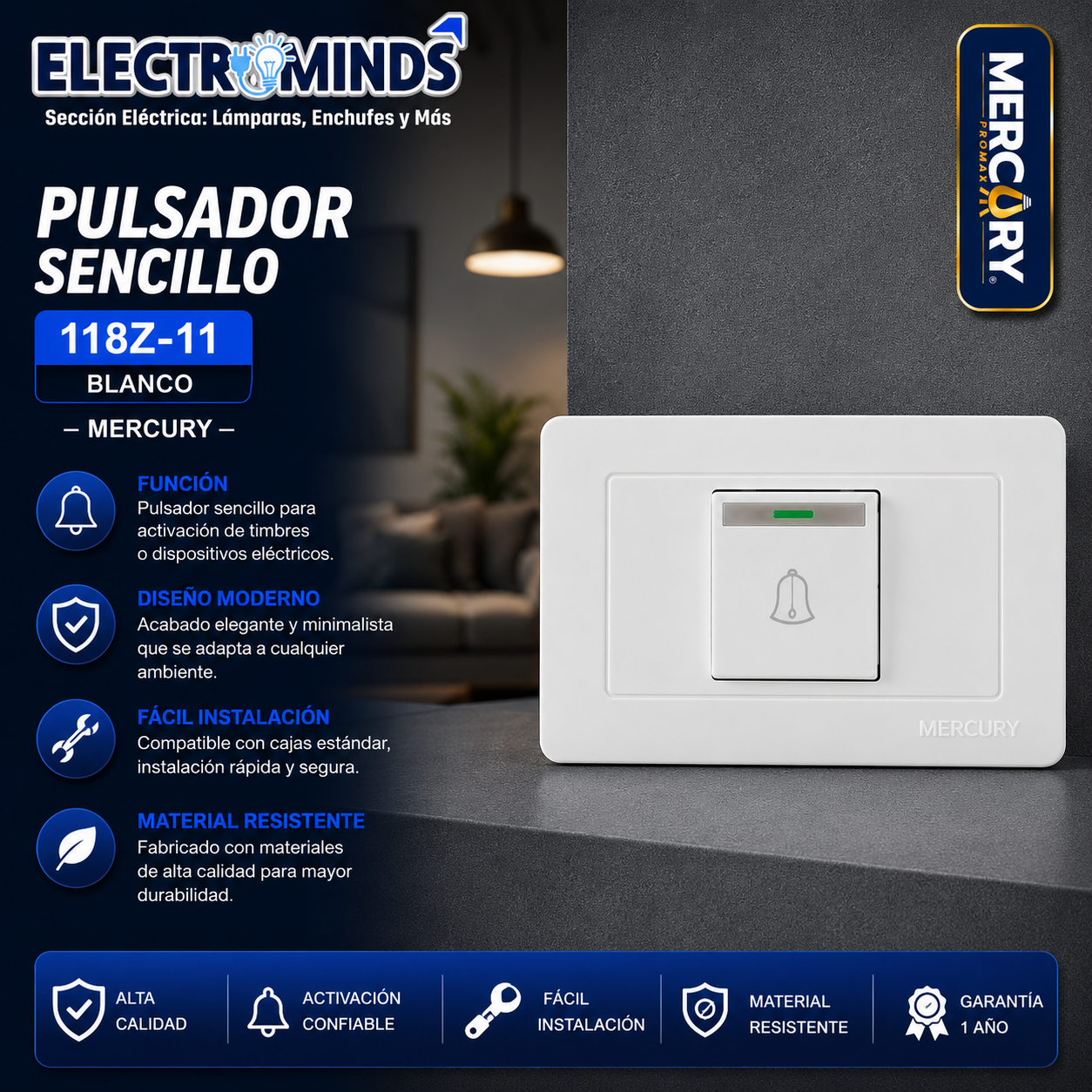 Pulsador sencillo 118Z-11 blanco Mercury