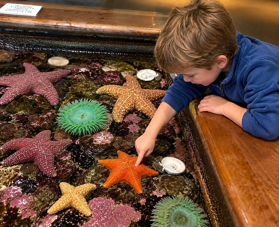 Child exploring colorful sea stars and sea anemones in an aquarium touch tank, a fun indoor activity for families on the Oregon Coast.