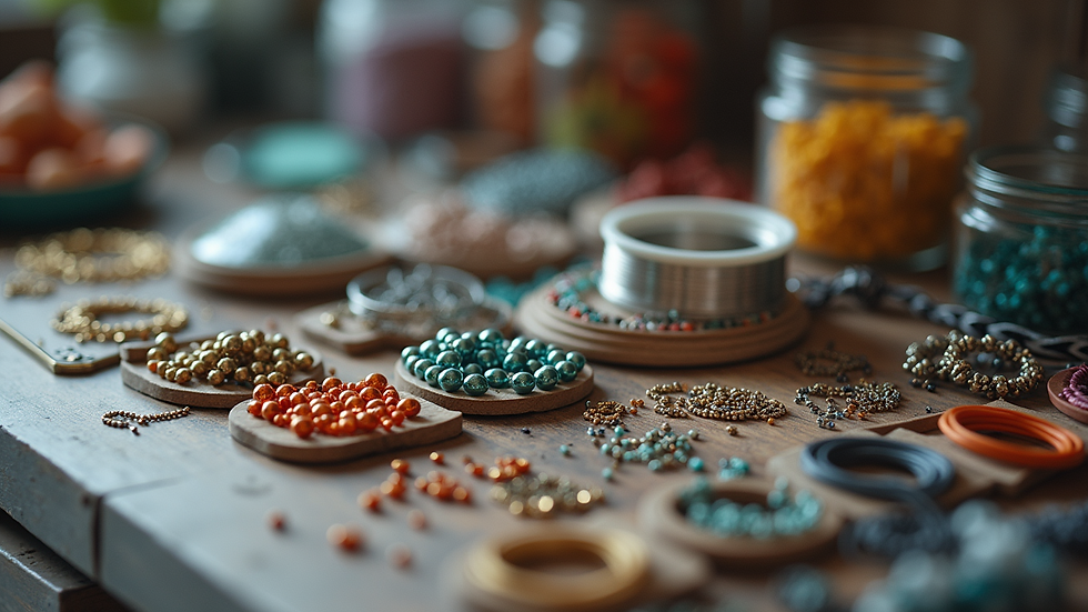 Eye-level view of organized jewelry making supplies including beads and wires
