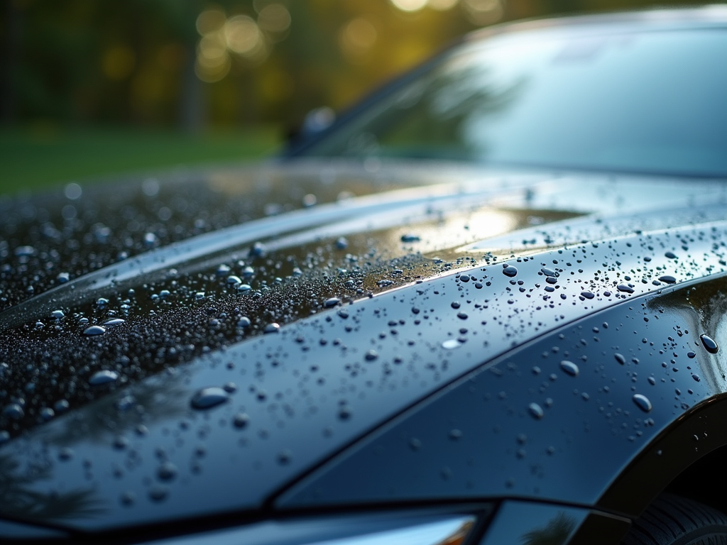 Macro shot of water droplets beading perfectly on a highly polished vehicle hood.