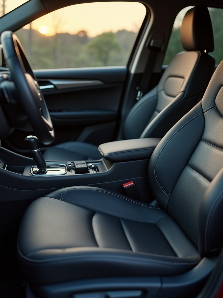 A pristine car interior with clean leather and fresh vents.