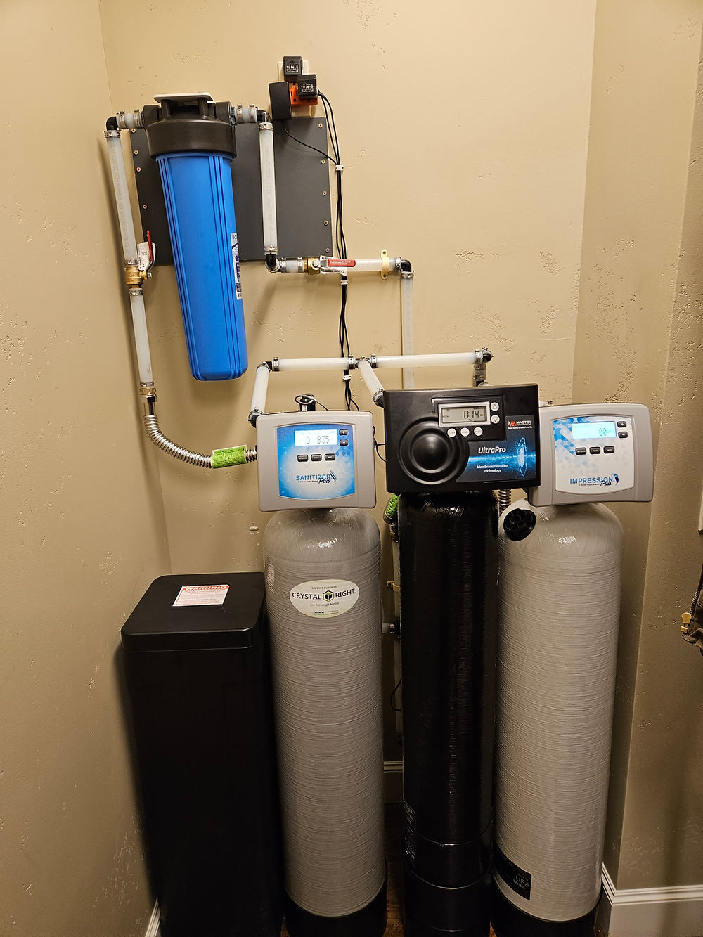 Well water treatment setup with carbon filter, softener, and UV light for safer household water