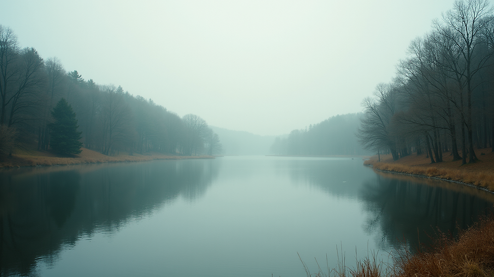 Eye-level view of a serene landscape with a calm lake and surrounding trees