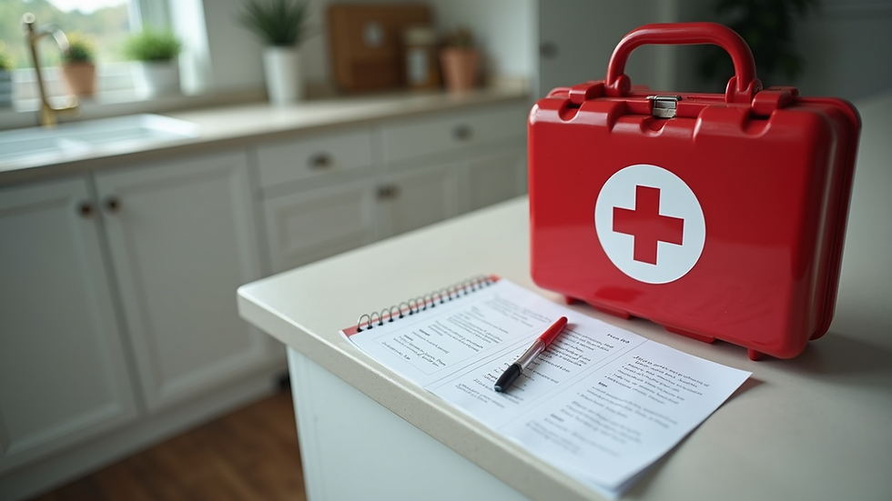 High angle view of a pet emergency kit and contact list on a kitchen counter