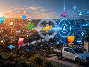 Exposure vs targeted marketing concept with orange and blue holographic overlays over a Launceston Tasmania cityscape, showing broad reach narrowing into a focused audience target