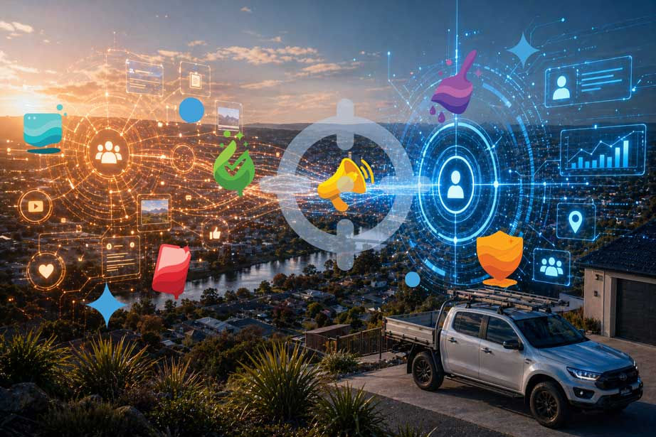 Exposure vs targeted marketing concept with orange and blue holographic overlays over a Launceston Tasmania cityscape, showing broad reach narrowing into a focused audience target